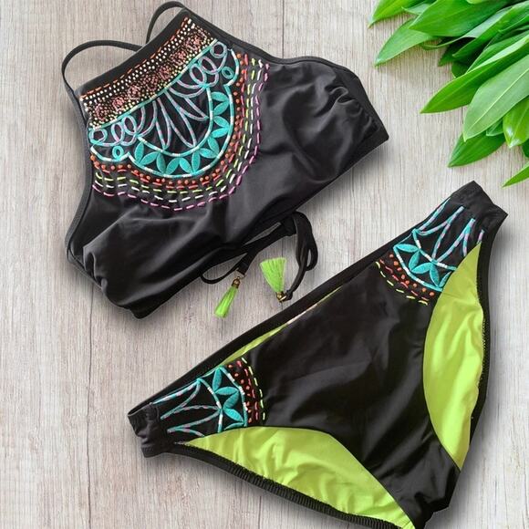 Nanette Lepore Stargazer Mantra Embroidered & Beaded High Neck XS Bikini - Picture 1 of 14